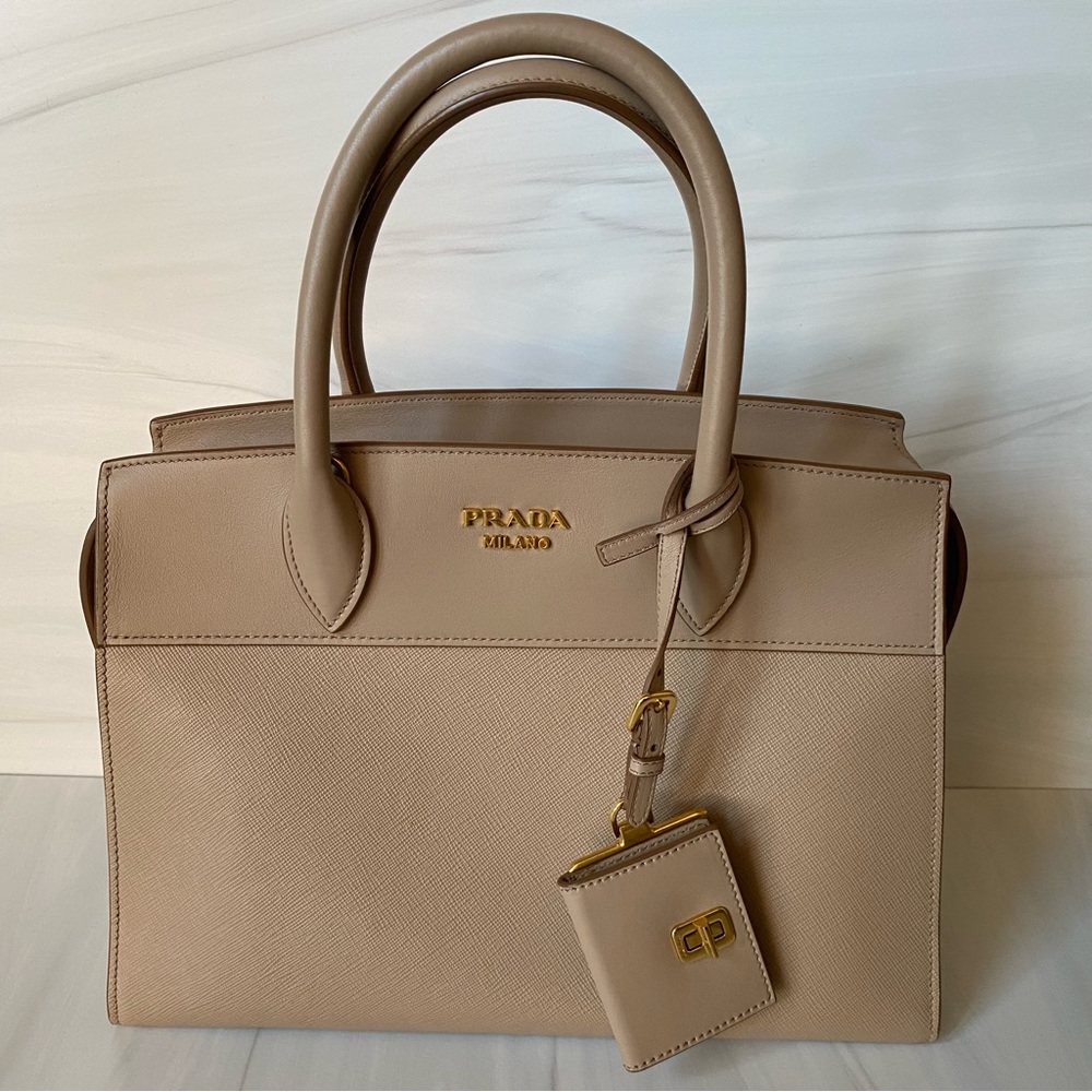 Prada Beige Saffiano Leather Tote with Gold Logo